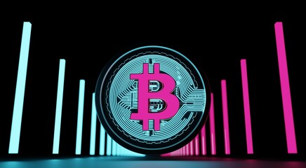 Bitcoin neon on black background. BTC Crypto Currency Technology neon concept.3D rendering