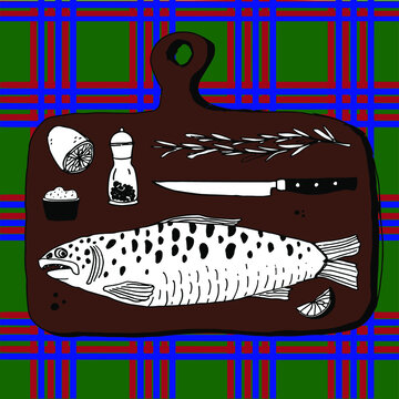 Black and white graphics elements of cooking fish