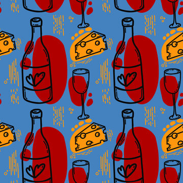 Pattern cheese and glass of wine on blue background