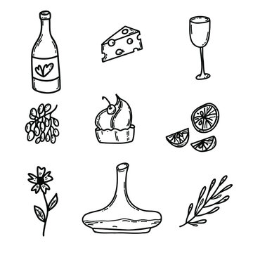 Clipart sketch collection of wine and snacks