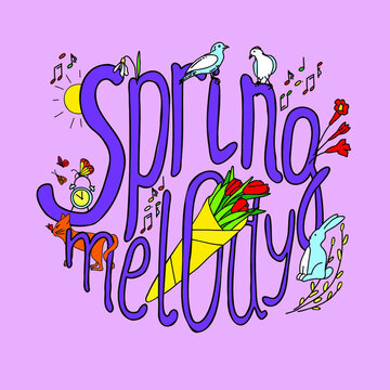Lettering spring melody with elements symbolizing spring
