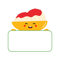 Cute and smiling spaghetti dish with tomato sauce character holding in hands blank card, banner.