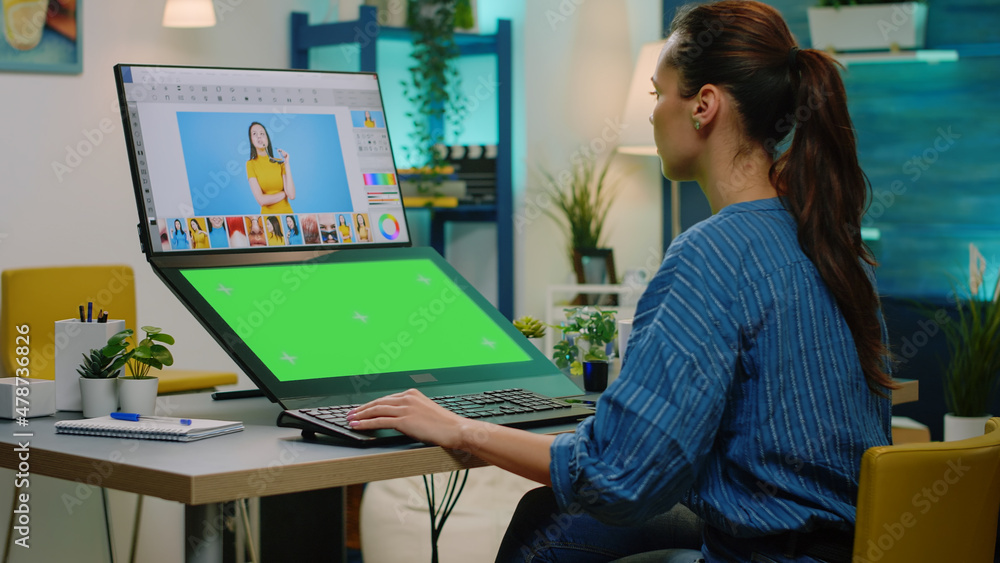 Poster professional editor working with green screen and retouching app. woman with isolated background and