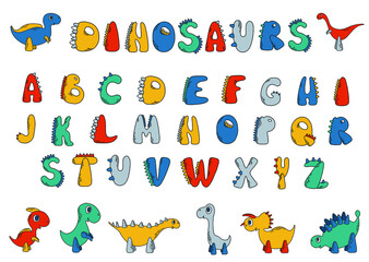 Fototapeta premium Vector set with English alphabet and eight dinosaurs in bright colors. Children’s learning material. Poster for kid’s room.