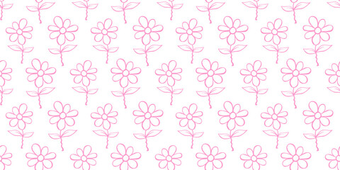 Vector simple primitive floral seamless pattern. Cute endless print with pink outline flowers. Sketch, doodle, scribble