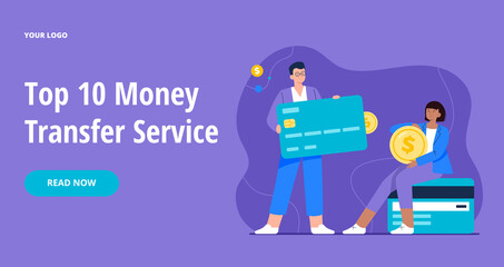 Money transfer from and to a card. Man sends money to woman's debit or credit card. Modern technologies, payments, transactions. Vector colorful flat illustration for banners, webpage.