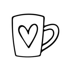 Hand drawn doodle cute cup with heart. Vector mug cipart. Outline.