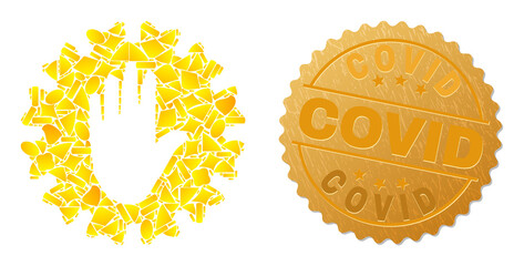 Golden collage of yellow items for stop hand coronavirus icon, and golden metallic Covid seal print. Stop hand coronavirus icon composition is done of randomized golden spots.