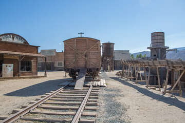 View of a railway track with a old classic wood wagon, on the Oasys - Mini Hollywood, Spanish...