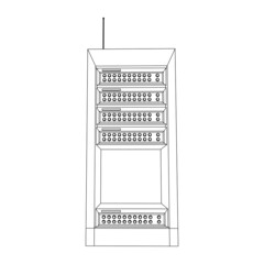 Data network server in cabinet. Diagnostic test in computer room technology communication computers and device concept. Wireframe low poly mesh vector illustration.