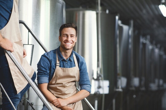 Modern brewery owner, worker at alcoholic beverage factory, workplace of brewer