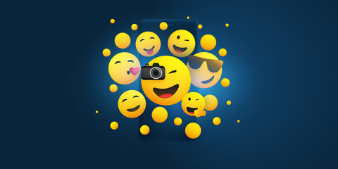 Many Various Smiling, Cheering Happy Yellow Emoticons - People Having Fun in Front of a Smart Phone Screen - Social Media Concept, Vector Design