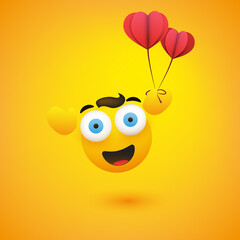 Naklejka premium Smiling Face With Hands Holding a Couple of Purple Heart Shaped Balloons on Yellow Background - Emoticon Vector Design