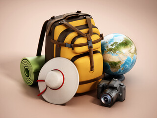 Traveller's backpack, hat, globe, camera and sleeping mats. 3D illustration