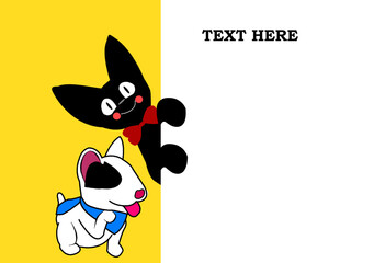 Drawing of  black cat with  red butterfly on its neck and cute dog on yellow background with copyspace for your text,