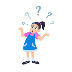 Little doubt girl kid asking question flat style design vector illustration isolated on white background. Cute girl thinking about something and question mark flies above her asking concept.