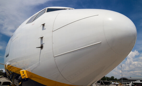 Ryanair Boeing 737 nose cone with weather radar and pitot tubes, used to determine the airspeed of an aircraft. John Paul II Krak&oacute;w Balice International Airport on August 8, 2018 in Krakow, Poland.
