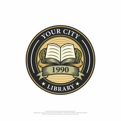 Vintage library logo with book and classic ornament