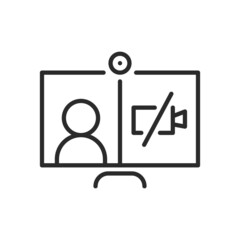 No video line icon. Computer with human and crossed out camera. Video conference and online meeting concept. Distance work and learning. Vector illustration. Laptop, computer, chatting, conferencing