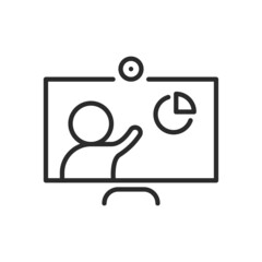 Online presentation simple line icon. Video conference and online meeting concept. Distance work and learning. Vector illustration. Laptop, computer, chatting, conferencing