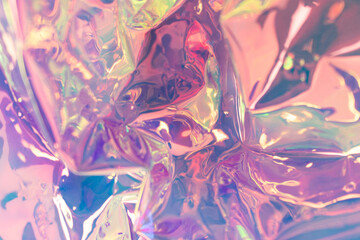 Pink glowing defocused holographic background. Wrinkled foil texture. Liquid surface.