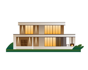 Modern two-storey house with a flat roof and panoramic glazing. Vector full-color illustration.
