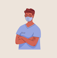 Doctor character in medical face mask. Professional hospital worker, medic, therapist, surgeon. Portrait of physician for advertising, signboard, badge. Vector illustration in flat cartoon style.