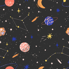 Seamless pattern with hand drawn space elements space, planets, stars, meteorites, moon. Trendy space vector background. Design for textiles, wallpapers, wrapping paper, banners and other.