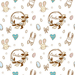 Happy easter! Cute rabbits, eggs and wreaths hand-drawn in doodle style. Seamless vector pattern for paper, fabric