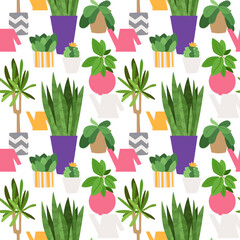 Background with plants in pots. Bright seamless vector pattern. Purple, orange, green, brown and gray colors. Great for wallpapers, wrapping paper, designer packaging.