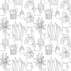 Black and white backdrop pattern with plants in pots. Simple vector seamless pattern. Different home trees. Graphic texture. Cactus, ficus, echeveria, yucca, phalaenopsis, opuntia, dragon tree.