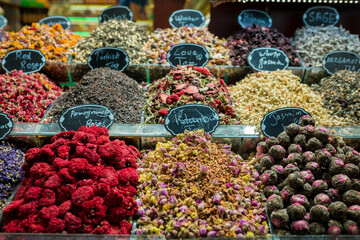Close-up of Display with various herbal teas at Egyptian Bazaar in Istanbul