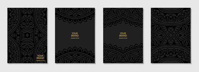 Vector set of cover design. Unique vertical templates. Geometric 3D pattern. Collection of embossed black backgrounds. Ethnicity of the peoples of the East, Asia, India, Mexico, Aztec.