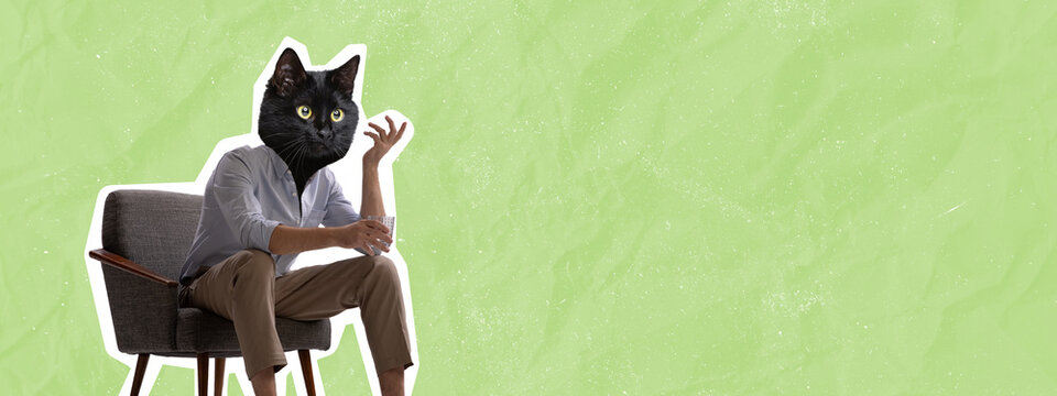 Contemporary artwork, conceptual collage. Man headed by cat head sitting in armchair. Trendy colors.