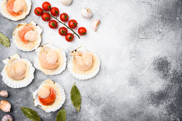 Fototapeta na wymiar Seafood organic scallops, on gray stone table background, top view flat lay, with copy space for text