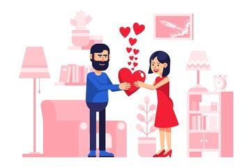 Couple congratulates each other on valentines day against in living room. Man and woman celebrate Valentines Day. Vector illustration.
