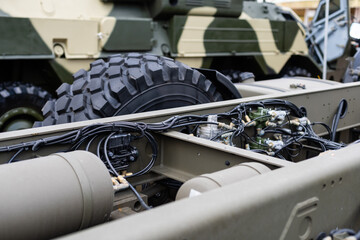 military vehicle inside of the old jet engine close-up.