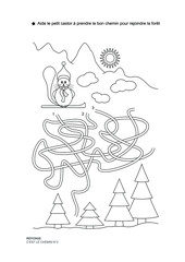 The maze game. Christmas theme. Help the little beaver get on the right path. Game and coloring. Vector illustration. French language.