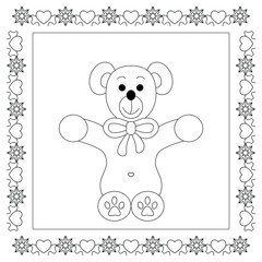 Cute christmas teddy bear. Coloring page. Vector illustration.