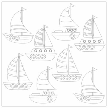 Find two same pictures, kids game vector illustration. Activity for preschool children with matching objects and finding 2 identical. Cartoon ships with sails. Coloring book pages for kids.