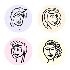 A collection of round social media highlight icons. Minimalist contemporary design of female faces representing beauty, style, and fashion. Originally created from hand drawn design.