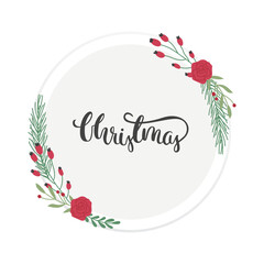 Circle with hand drawn calligraphy decorated with flower bouquets. Flat trendy illustrations of flowers. Vector frame.