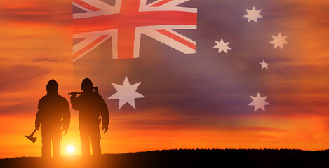 Firefighters and fire on Australia flag background .