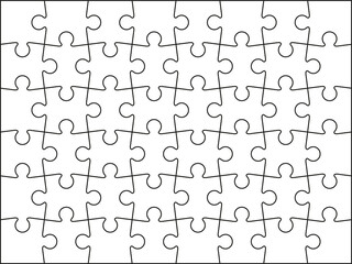 Puzzle pieces. Jigsaw grid. Thinking mosaic game with 6x8 details. Laser cut frame. Simple background with 48 separate shapes. Vector illustration.