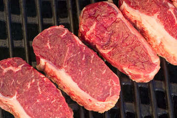 grilling raw steaks on gas grill and shot with selective focus.