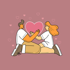 A young man and a woman are holding a big heart in their hands. Love and Valentine's Day. Flat illustration.
