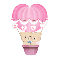 Cute Couple Bear in Hot air balloon, Valentine's day concept