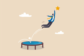 Reach success, improvement or career development, business tools advantage to reach goal or target, growth and achievement concept, businessman bounce on trampoline jump flying high to grab star. - obrazy, fototapety, plakaty