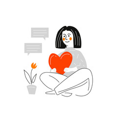 A girl with a heart in her hands sits on the floor. Lines art on a white background. Valentins day.