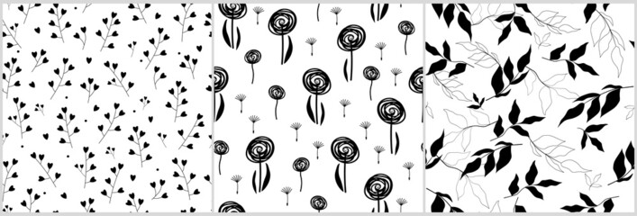 Spring-summer seamless pattern set is a simple, abstract, minimalistic monochrome set. Delicate flowers, dandelions, leaves, branches. Vector graphics.